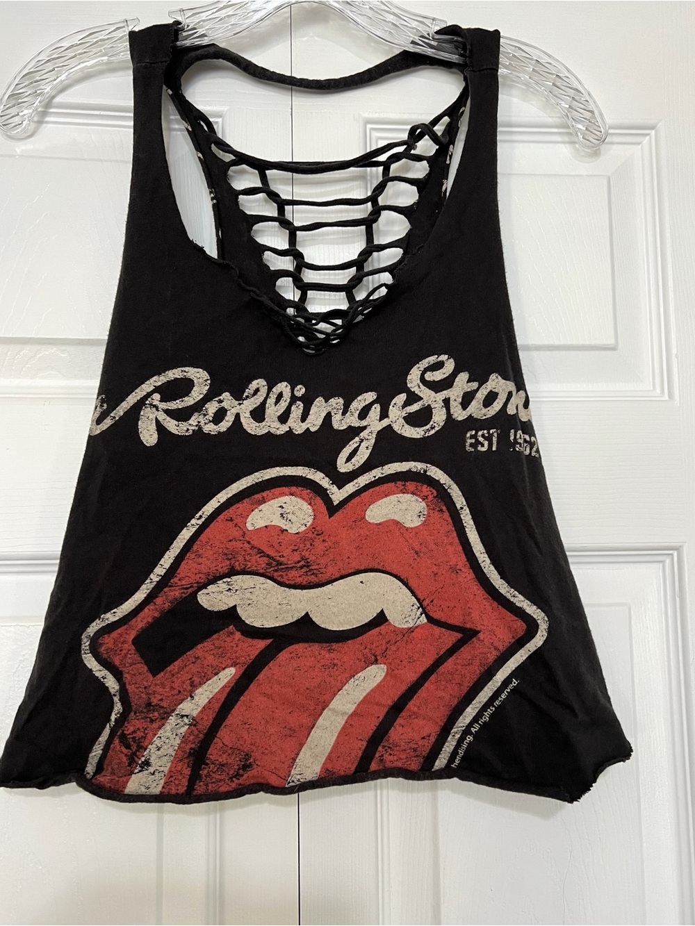 the Rolling Stones Women's Black Graphic Tank Top Racerback Cropped Band Tee
